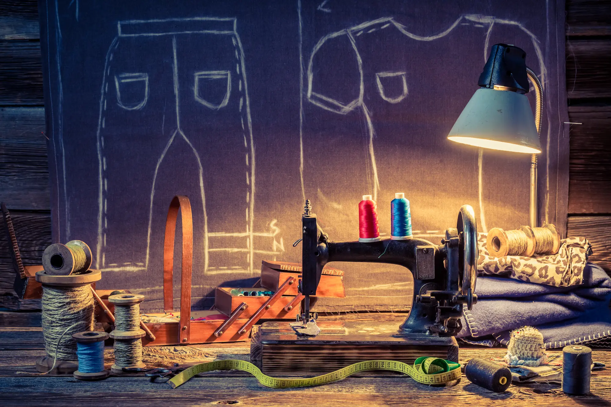 Tailor workshop bench with sewing machine, thread spools and fabric
