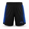 Black and blue athletic training shorts with side panel graphics