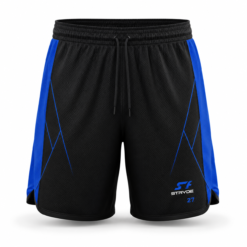 Black and blue athletic training shorts with side panel graphics