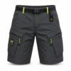 Grey cargo hiking shorts with buckle belt and multiple zip pockets