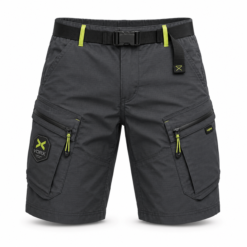 Grey cargo hiking shorts with buckle belt and multiple zip pockets
