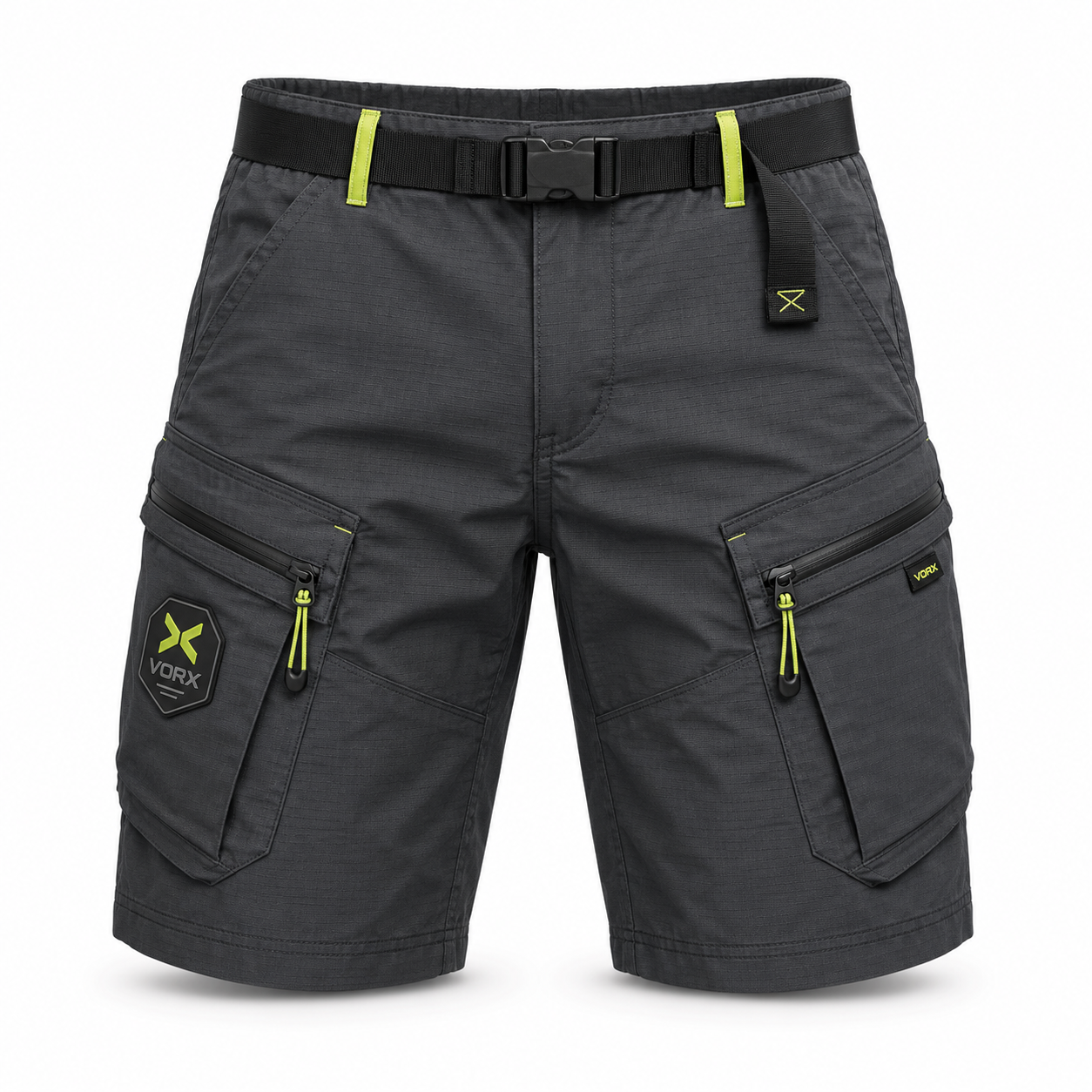 Grey cargo hiking shorts with buckle belt and multiple zip pockets