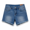 Blue denim cut-off shorts with frayed hem and five pocket styling