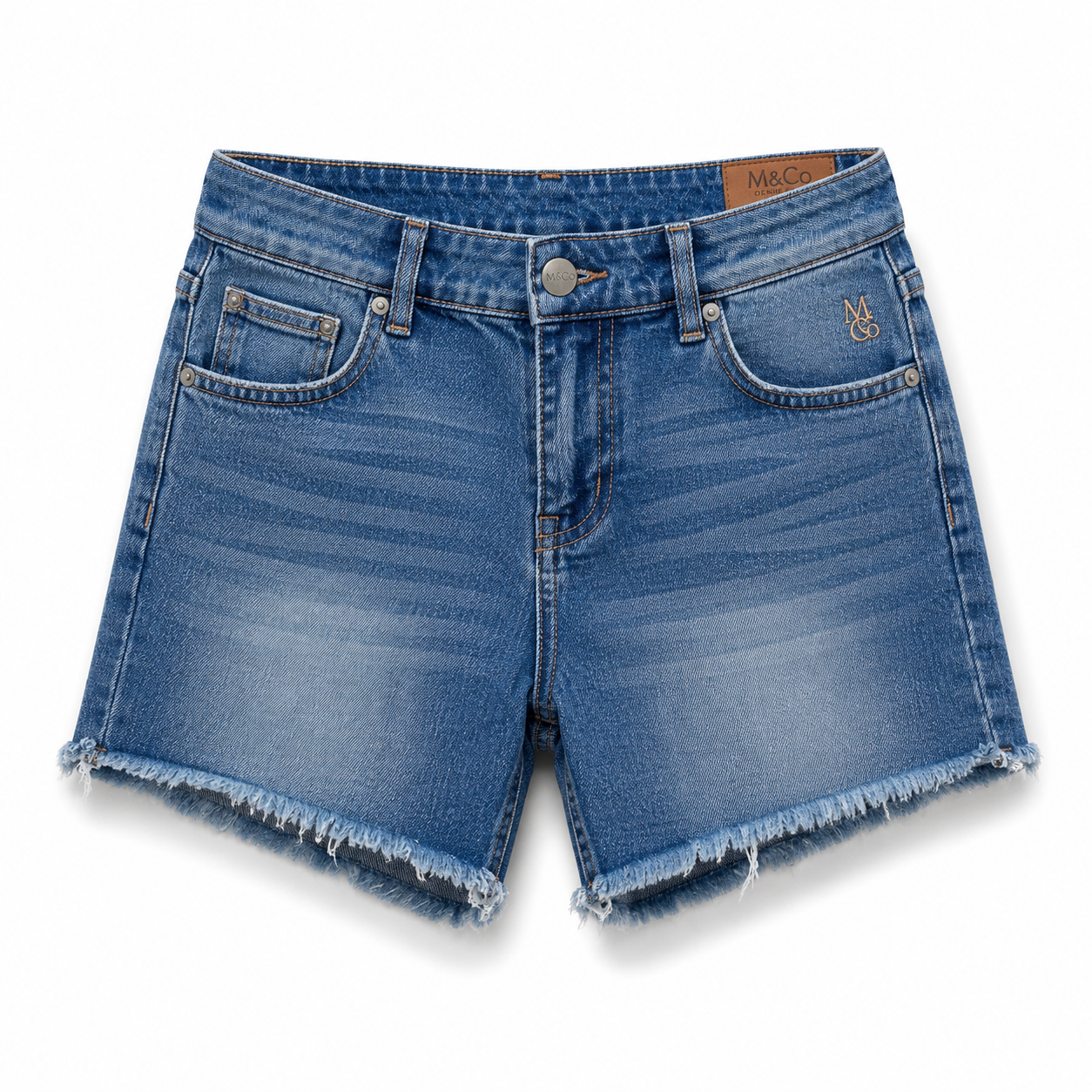Blue denim cut-off shorts with frayed hem and five pocket styling