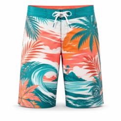 Tropical print board shorts in teal orange and white with drawcord waist