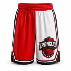 Red and white basketball shorts with Ironclad team logo and black trim