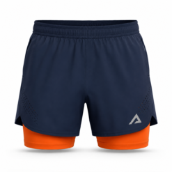 Navy two in one running shorts with built in orange compression liner