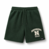 Dark green fleece shorts with printed varsity college graphic