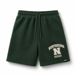 Dark green fleece shorts with printed varsity college graphic