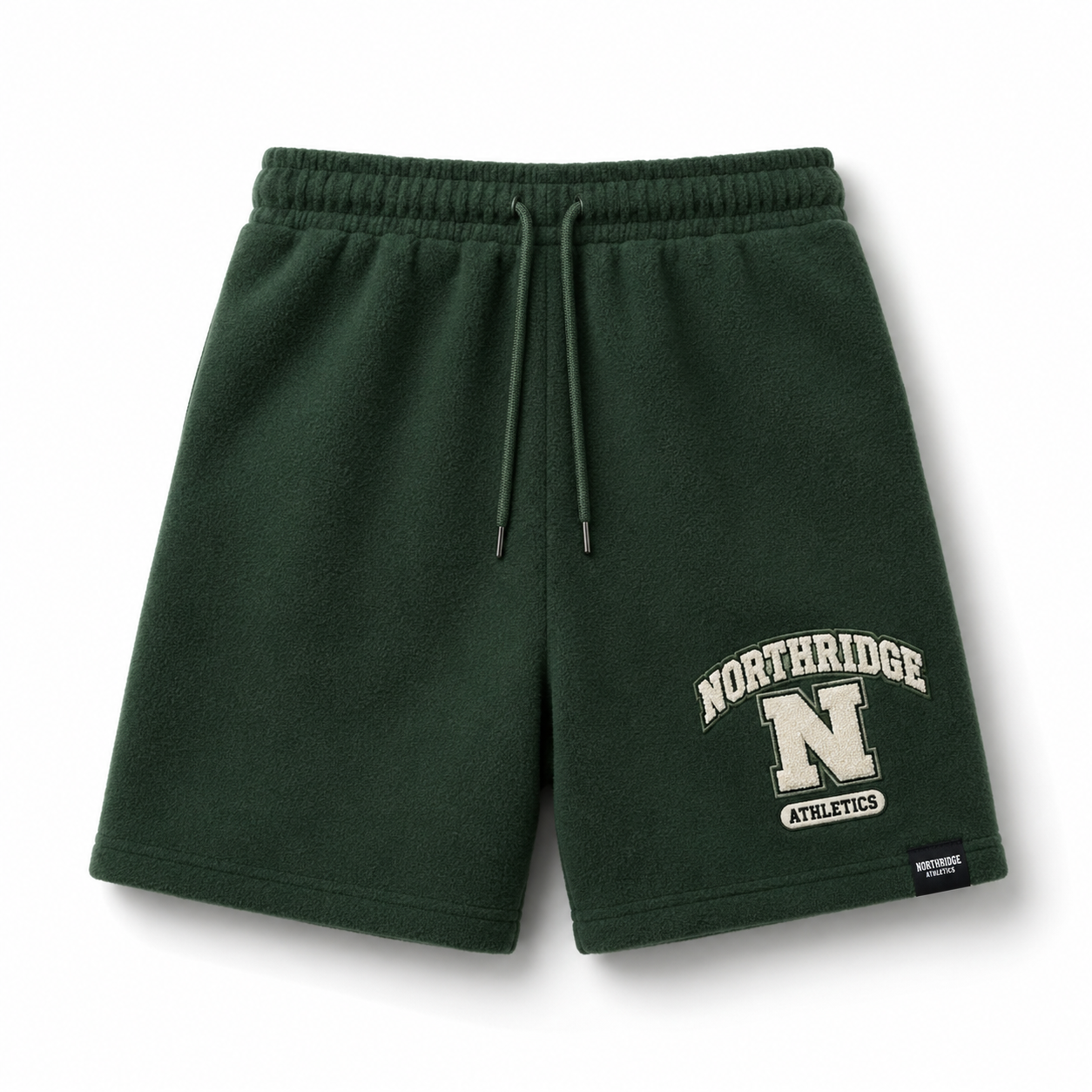Dark green fleece shorts with printed varsity college graphic