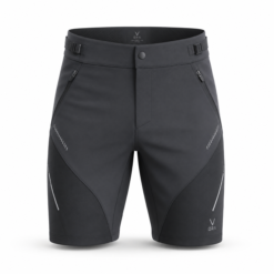 Dark grey technical hiking shorts with zip pockets and stretch panels