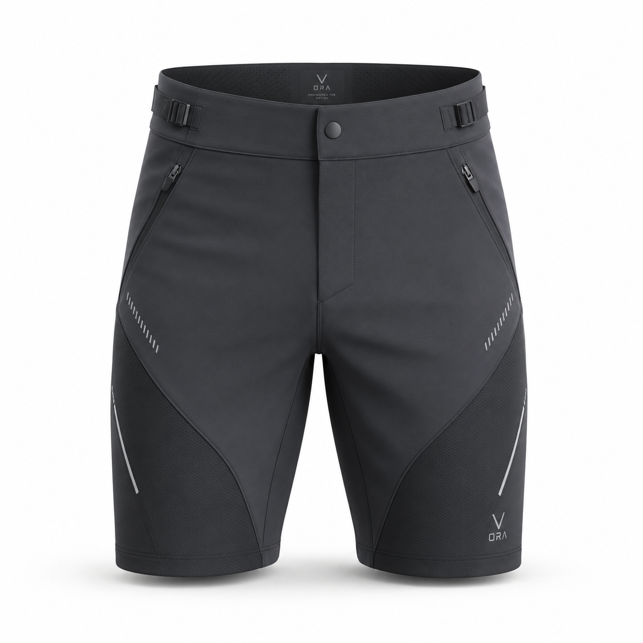 Dark grey technical hiking shorts with zip pockets and stretch panels