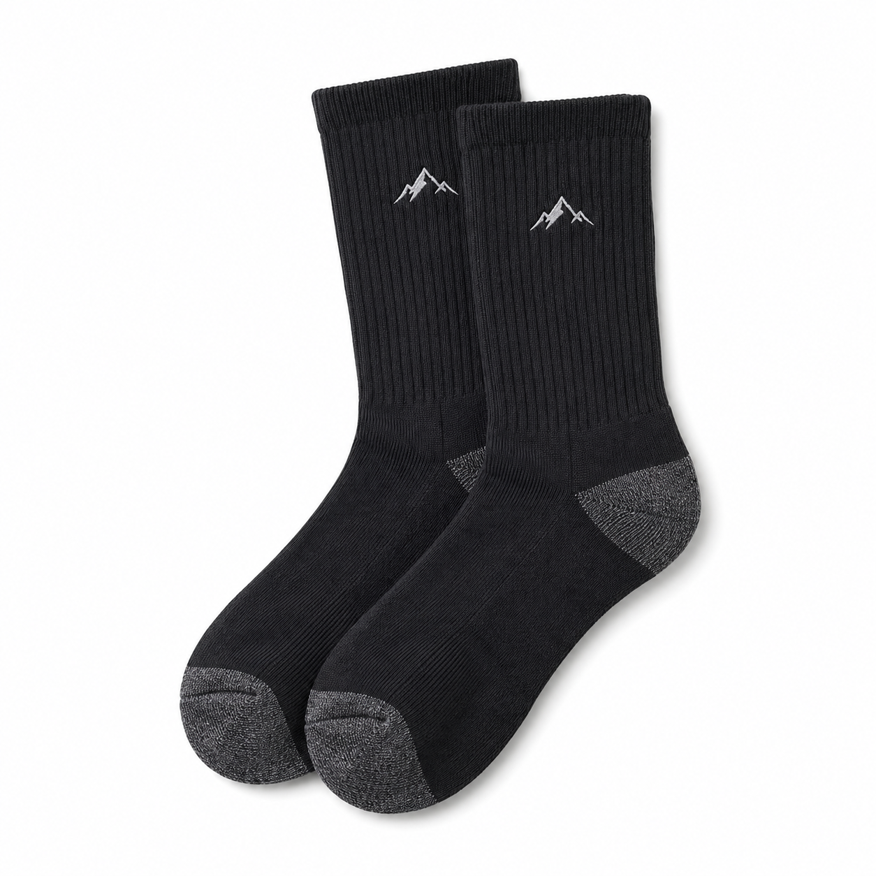 Black cushioned crew socks with grey reinforced sole, pair shown