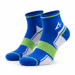 Blue and green ankle sports socks with cushioned sole and mesh vents