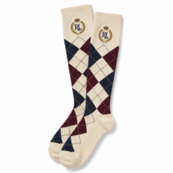 Cream argyle crew socks with navy and maroon diamond pattern and crest