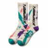White crew socks with teal and purple abstract print