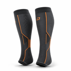 Black and orange compression leg sleeves with graduated support panels