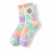Pastel tie dye crew socks with smiley face motif in mint pink and lilac