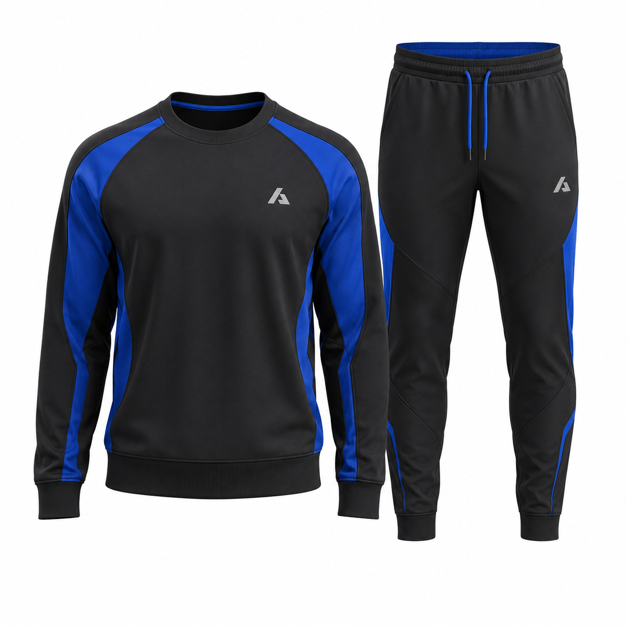 Black and blue raglan sweatshirt and jogger set with contrast panels