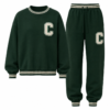Dark green varsity sweatshirt and jogger set with chenille letter patch
