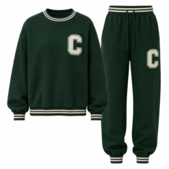 Dark green varsity sweatshirt and jogger set with chenille letter patch
