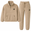 Beige sherpa quarter zip pullover and jogger set with chest badge