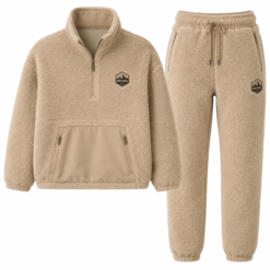 Beige sherpa quarter zip pullover and jogger set with chest badge