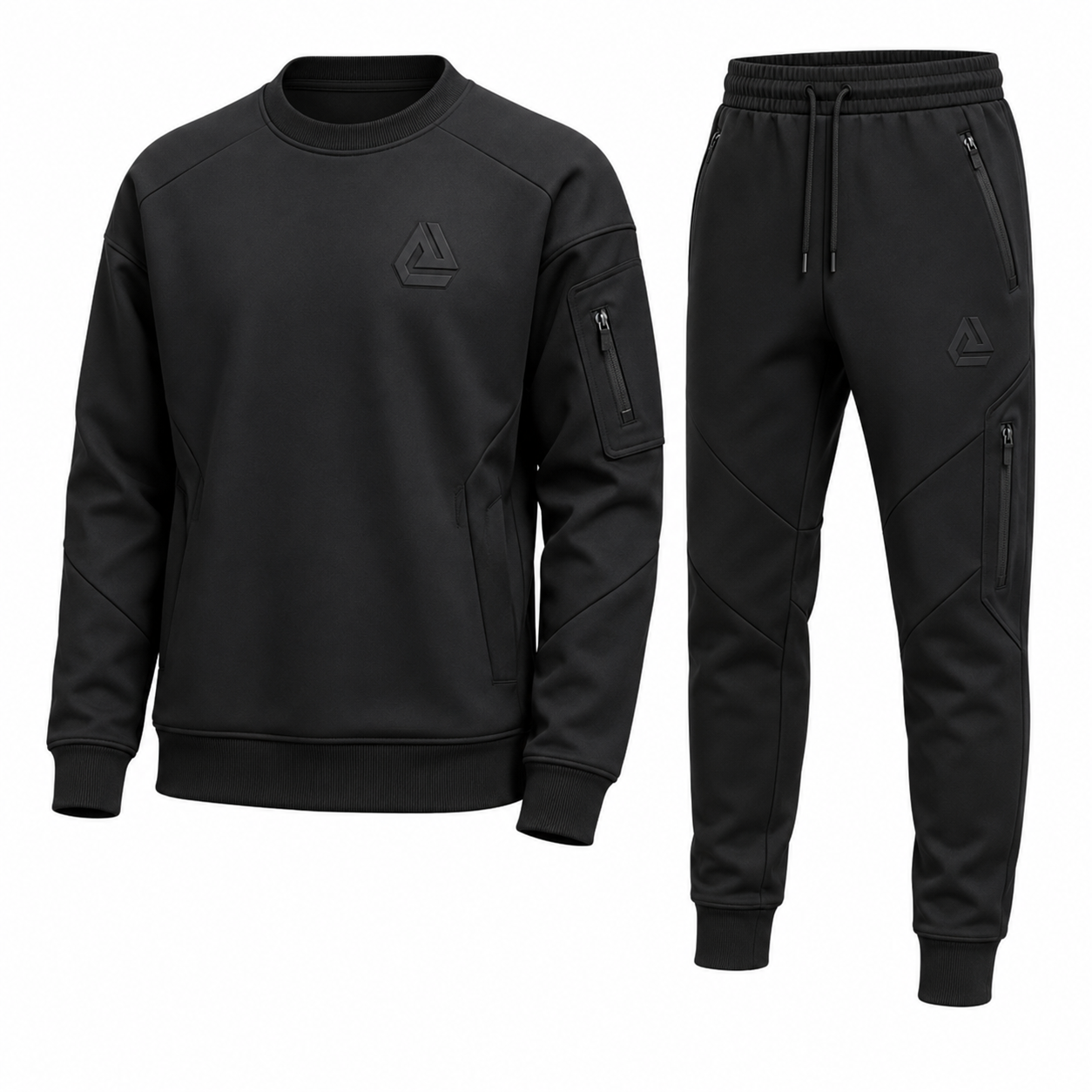 Black tech sweatshirt and jogger set with zip sleeve pocket