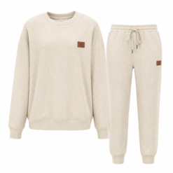 Cream fleece sweatshirt and jogger set with leather patch branding