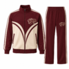 Maroon and cream retro tracksuit with curved panel jacket and flared pants