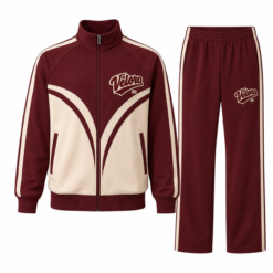Maroon and cream retro tracksuit with curved panel jacket and flared pants