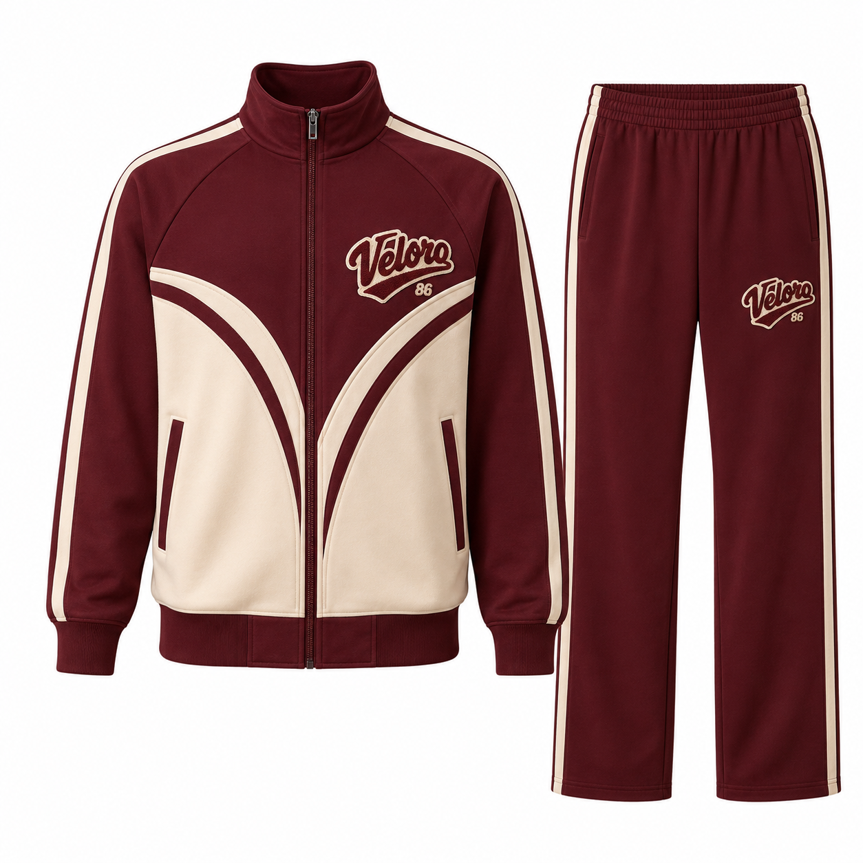 Maroon and cream retro tracksuit with curved panel jacket and flared pants