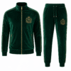 Dark green velour tracksuit with embroidered gold crest on chest and thigh