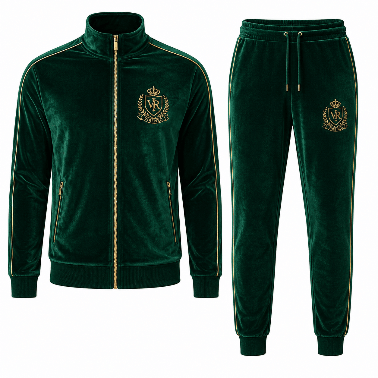 Dark green velour tracksuit with embroidered gold crest on chest and thigh