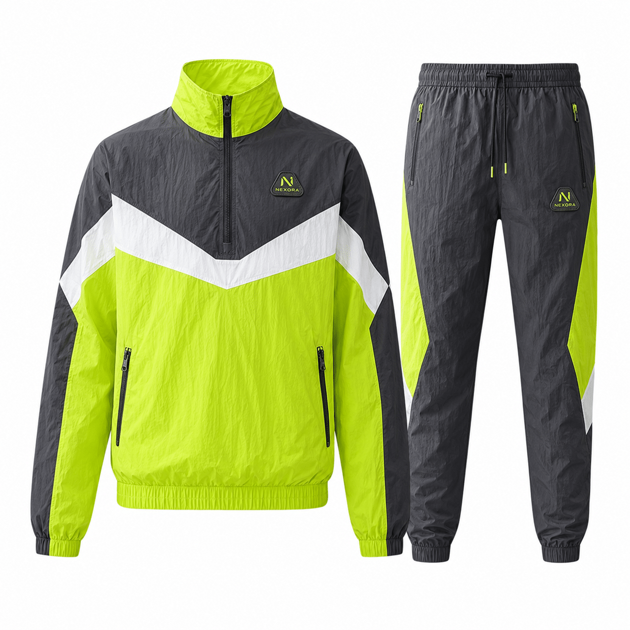 Neon yellow grey and white windbreaker tracksuit with chevron panels