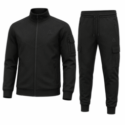 Plain black tracksuit with zip through jacket and cargo pocket joggers