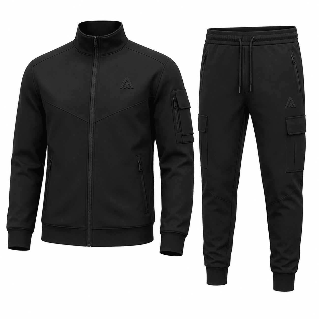 Plain black tracksuit with zip through jacket and cargo pocket joggers