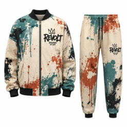 Cream paint splatter tracksuit with teal and orange print and rib trims