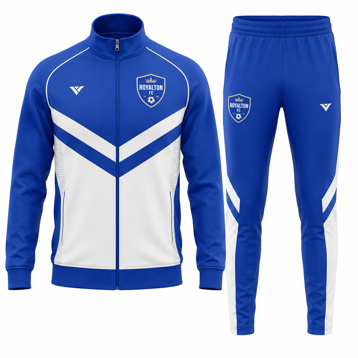 Royal blue and white tracksuit with chevron panels and team crest