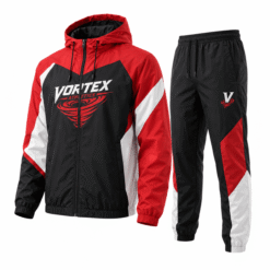 Black red and white hooded tracksuit with sublimated chest graphic