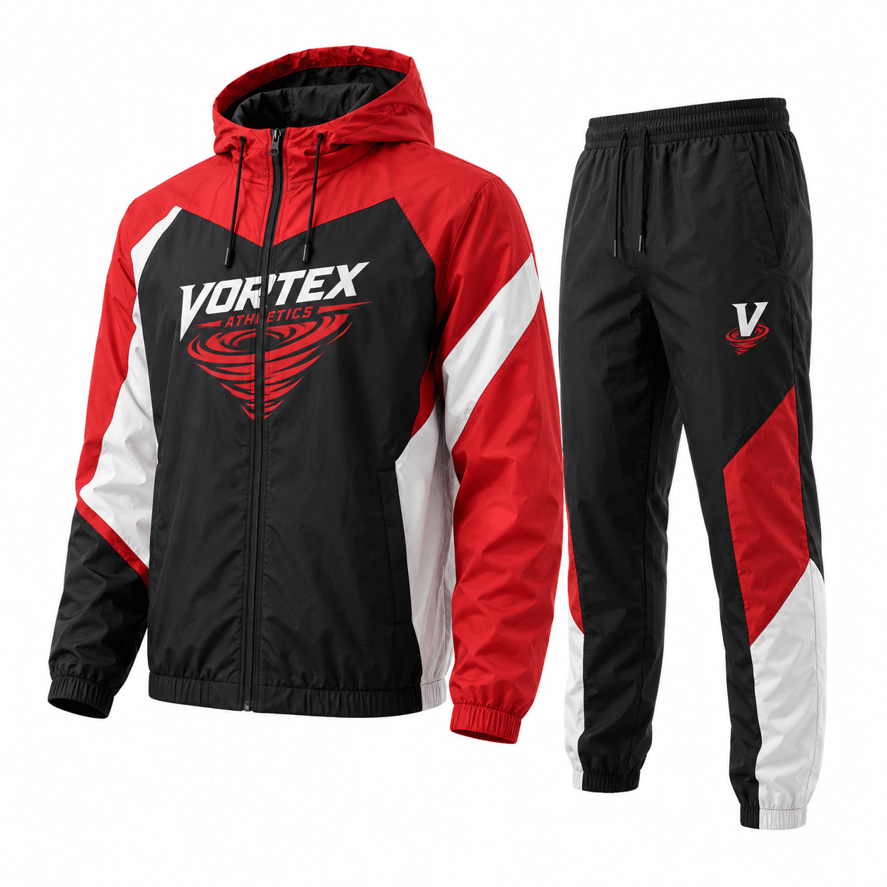 Black red and white hooded tracksuit with sublimated chest graphic
