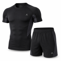 Black compression t-shirt and matching training shorts set for men