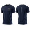 Navy blue short sleeve t-shirt with chest badge, front and back view