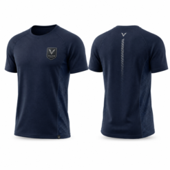 Navy blue short sleeve t-shirt with chest badge, front and back view