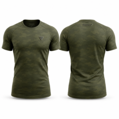 Olive green short sleeve t-shirt shown front and back with chest logo
