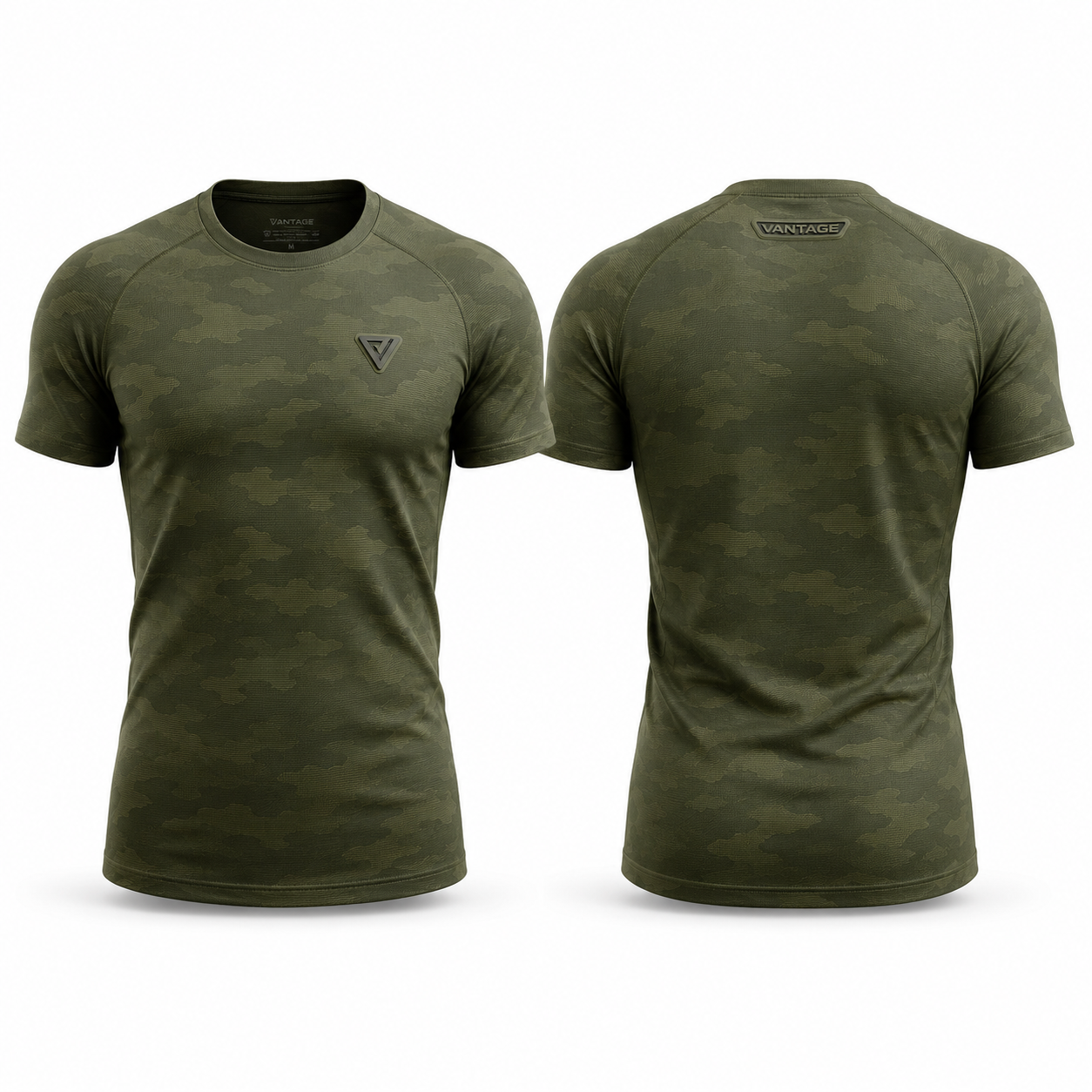 Olive green short sleeve t-shirt shown front and back with chest logo
