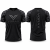 Black and grey camo raglan t-shirt with printed chest and back graphics
