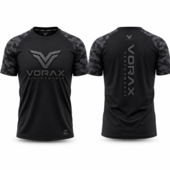 Black and grey camo raglan t-shirt with printed chest and back graphics