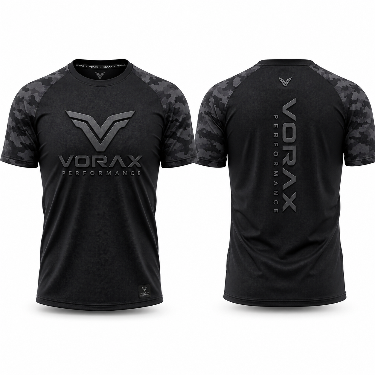 Black and grey camo raglan t-shirt with printed chest and back graphics