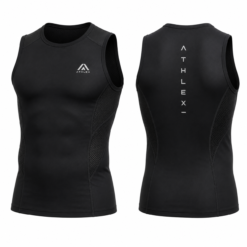 Men's black fitted compression sleeveless shirt, front and back view